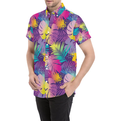 Palm Leaf Pattern Print Design A04 Men's Short Sleeve Button Up Shirt