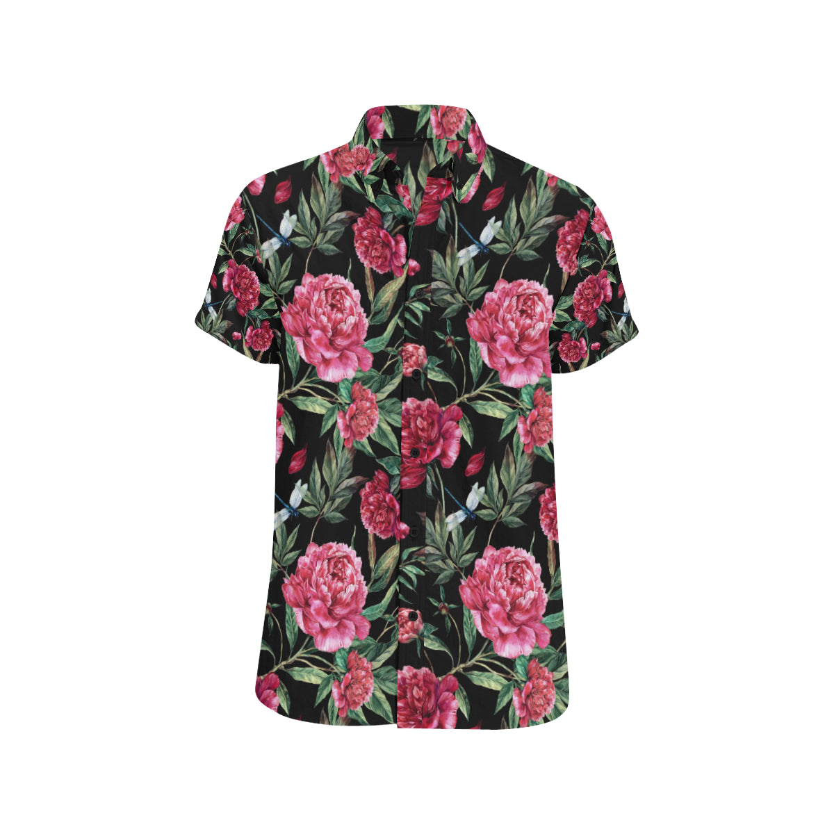 Peony Pattern Print Design PE04 Men's Short Sleeve Button Up Shirt