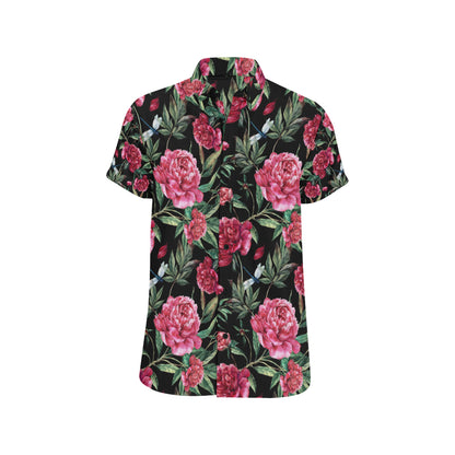 Peony Pattern Print Design PE04 Men's Short Sleeve Button Up Shirt