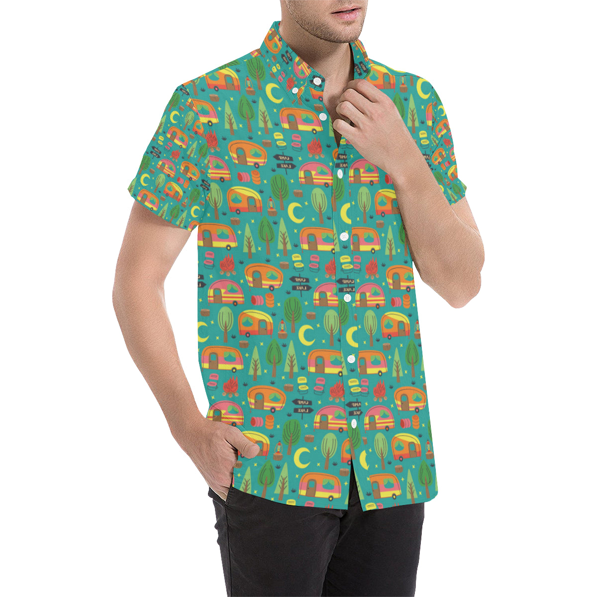 Camping Camper Pattern Print Design 05 Men's Short Sleeve Button Up Shirt