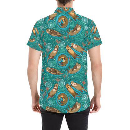 Sea Otter Pattern Print Design 01 Men's Short Sleeve Button Up Shirt