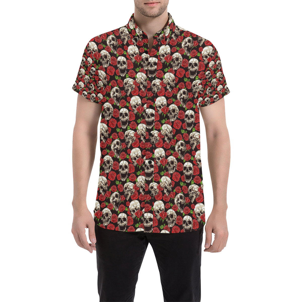 Skull Roses Design Themed Print Men's Short Sleeve Button Up Shirt