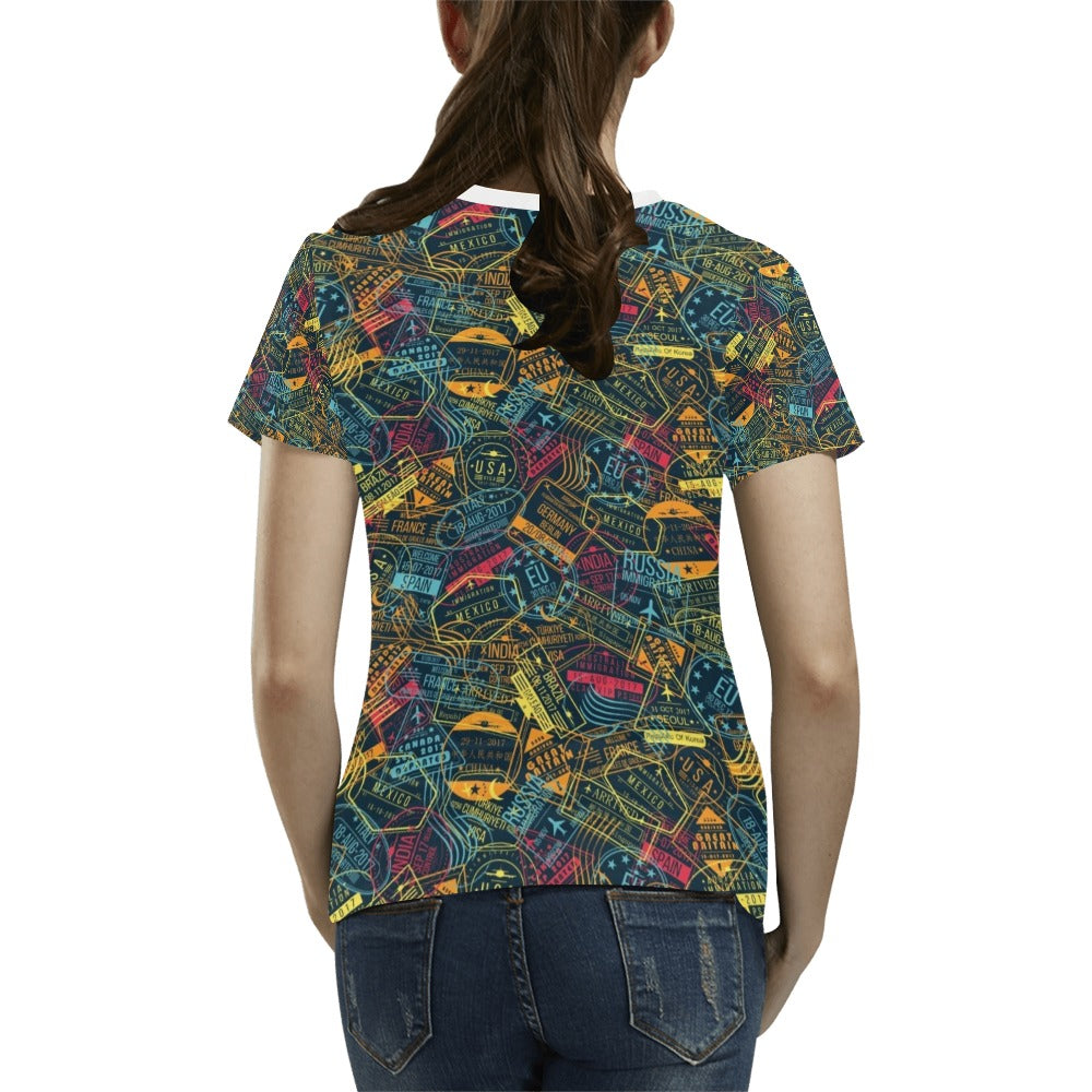 Travel Stamp Colorful Print Design LKS304 Women's  T-shirt
