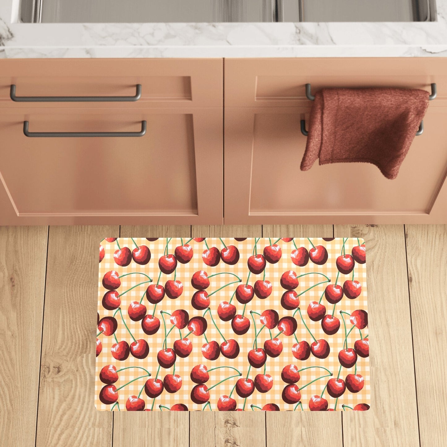 Cherry Orange Plaid Print Kitchen Mat