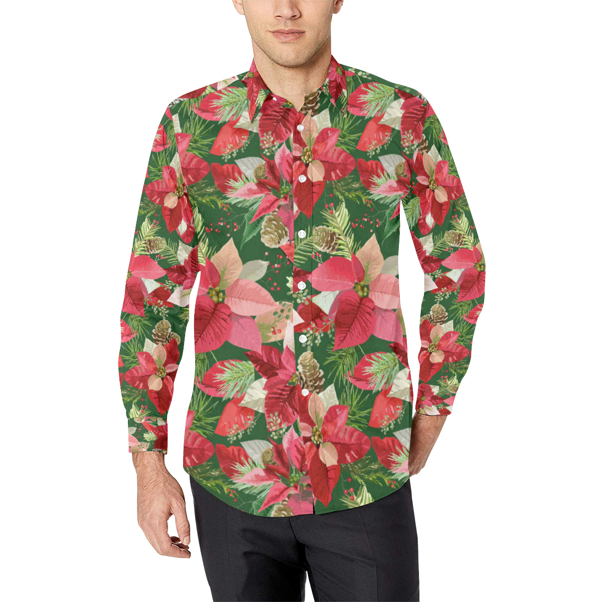 Poinsettia Pattern Print Design POT03 Men's Long Sleeve Shirt