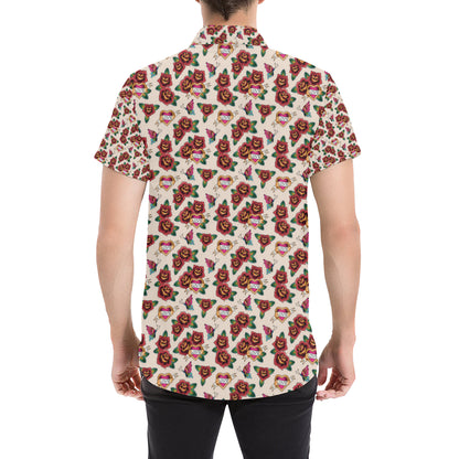 Old School Tattoo Rose Pattern Men's Short Sleeve Button Up Shirt