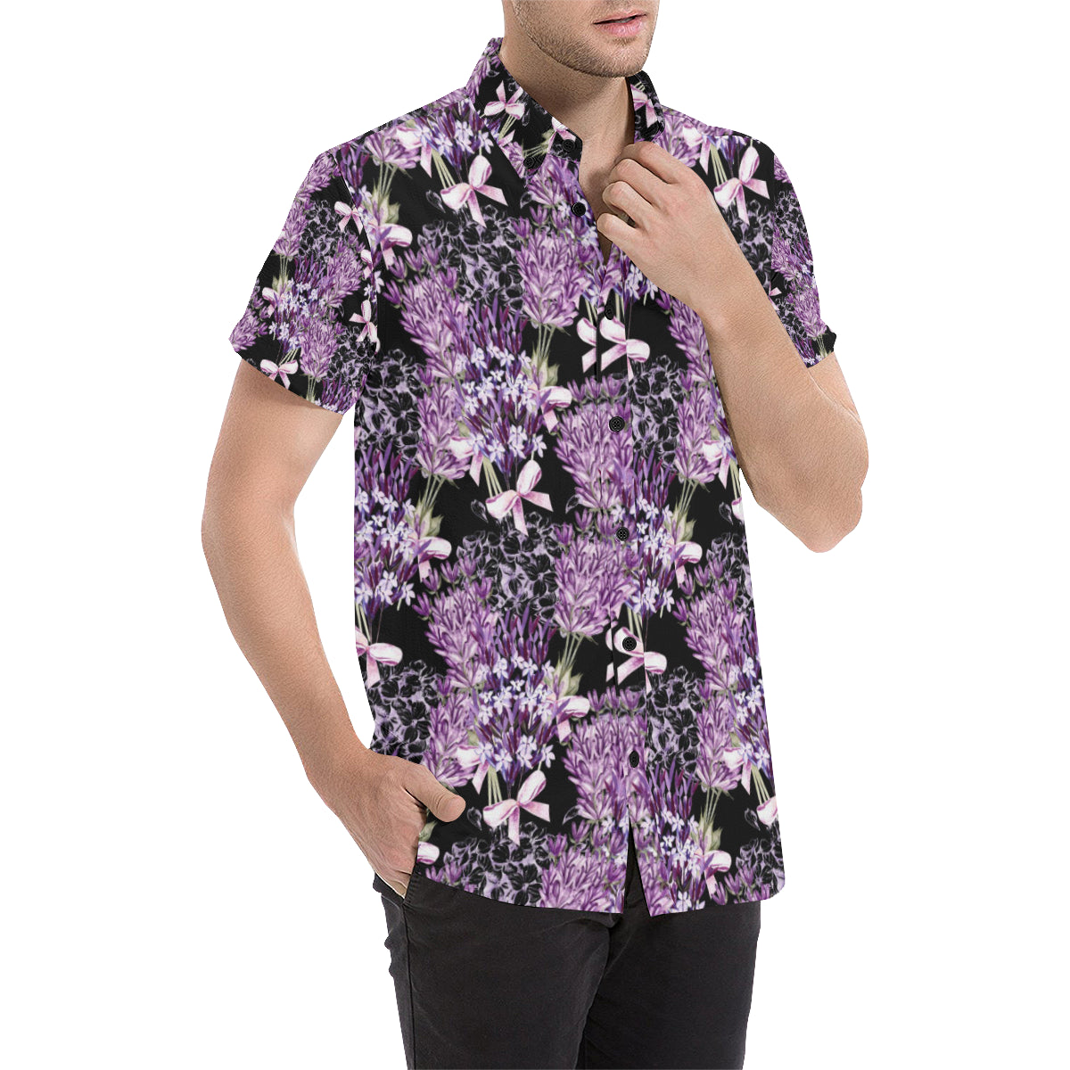 Lavender Pattern Print Design LV06 Men's Short Sleeve Button Up Shirt