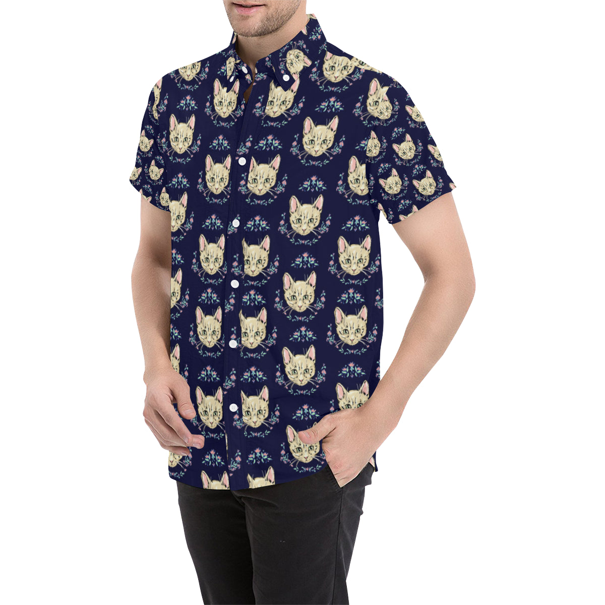 Cat Head with flower Print Pattern Men's Short Sleeve Button Up Shirt