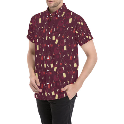 Wine Themed Pattern Print Men's Short Sleeve Button Up Shirt