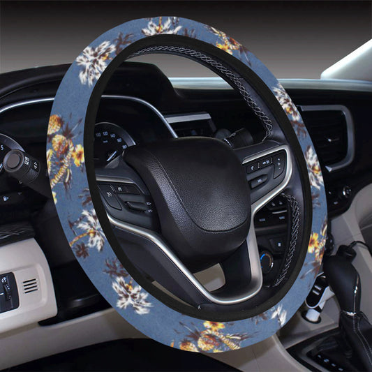 Hawaiian Flower Blue Print Steering Wheel Cover with Elastic Edge