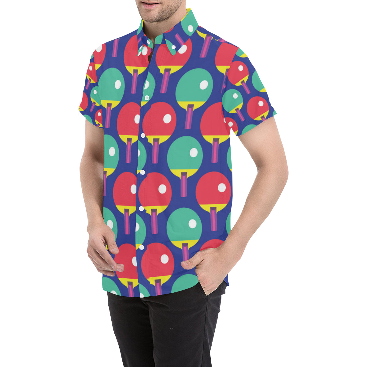 Ping Pong Pattern Print Design A03 Men's Short Sleeve Button Up Shirt