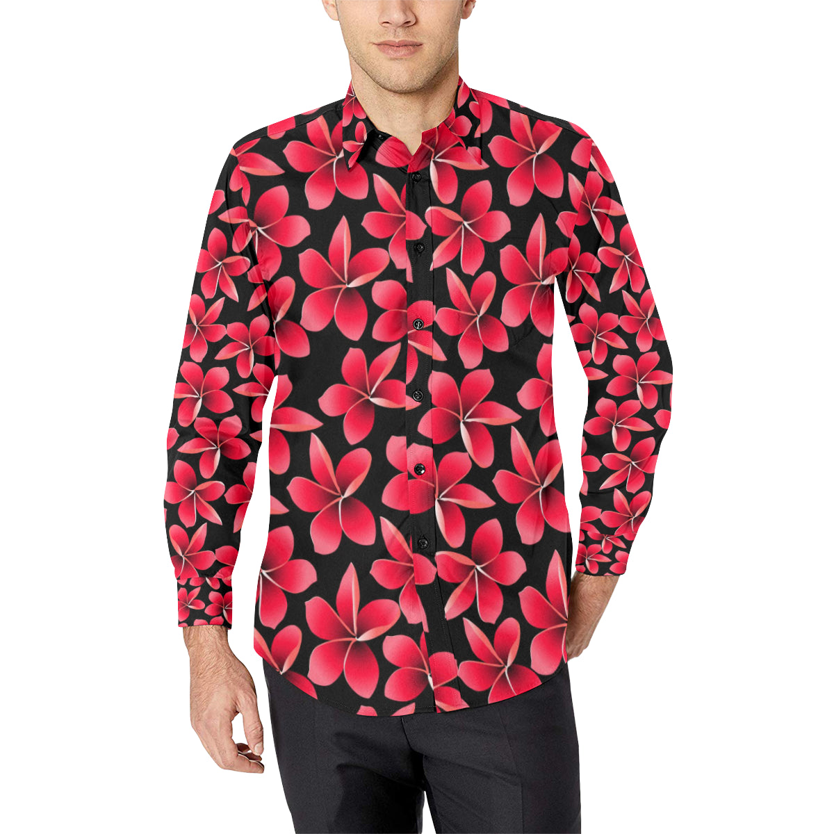 Red Plumeria Pattern Print Design PM025 Men's Long Sleeve Shirt