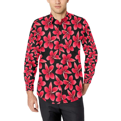 Red Plumeria Pattern Print Design PM025 Men's Long Sleeve Shirt