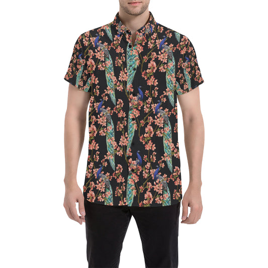 Peacock Pattern Print Design A01 Men's Short Sleeve Button Up Shirt