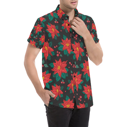 Poinsettia Pattern Print Design POT07 Men's Short Sleeve Button Up Shirt