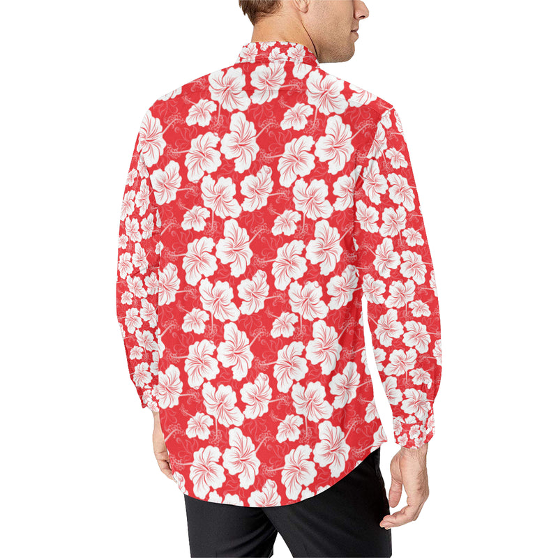 Flower Hawaiian Hibiscus Red Background Print Men's Long Sleeve Shirt