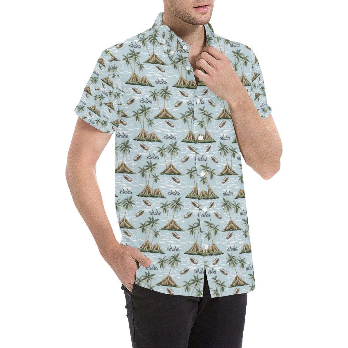 Aloha Hawaii island Design Themed Print Men's Short Sleeve Button Up Shirt