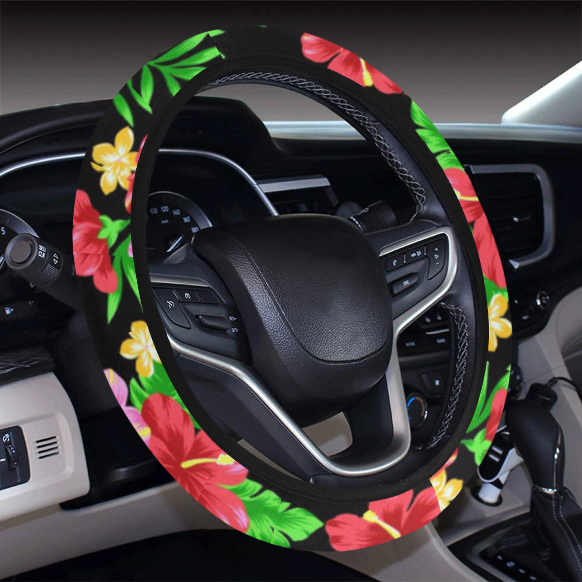 Pink Red Hibiscus Pattern Print Design HB023 Steering Wheel Cover with Elastic Edge