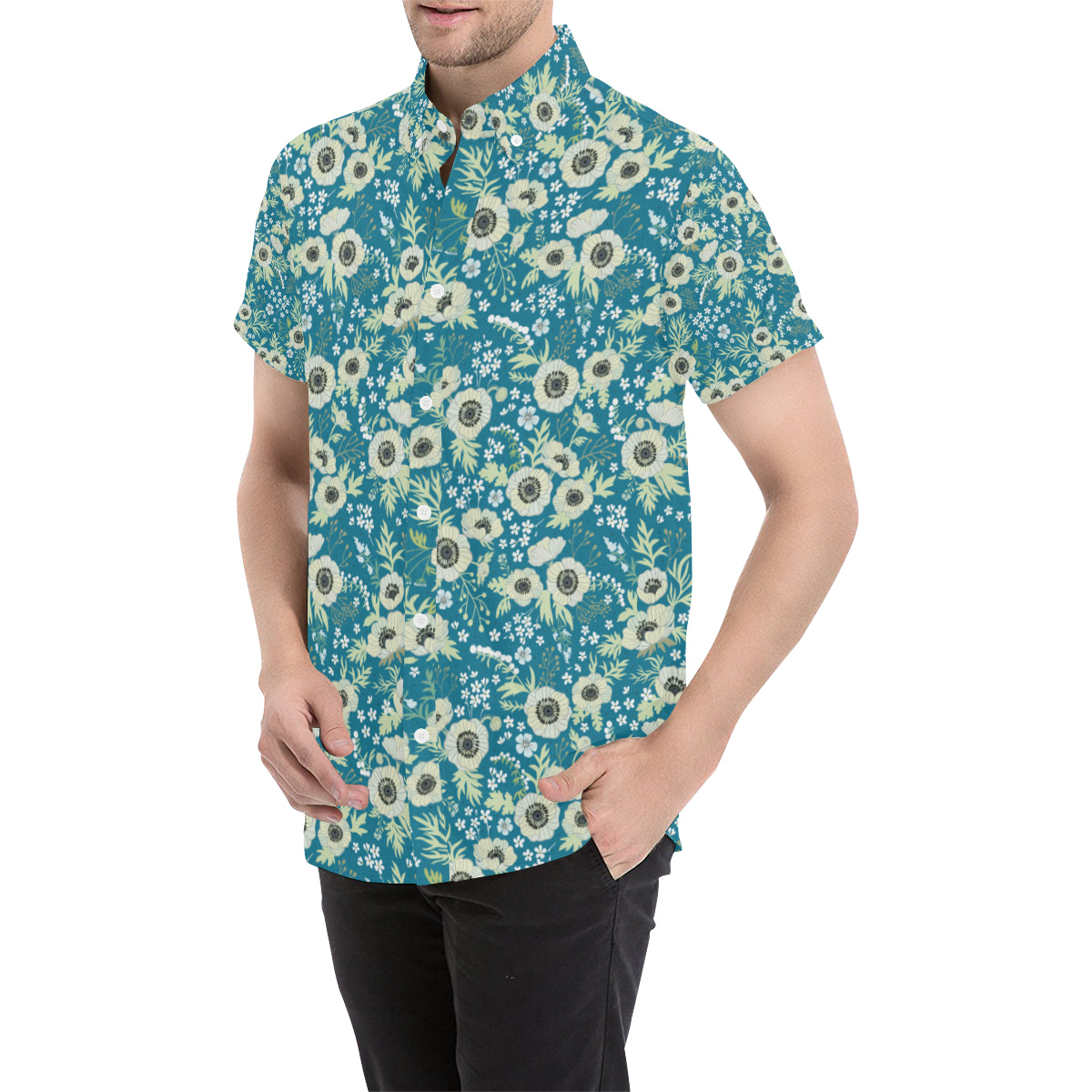 Anemone Pattern Print Design 01 Men's Short Sleeve Button Up Shirt