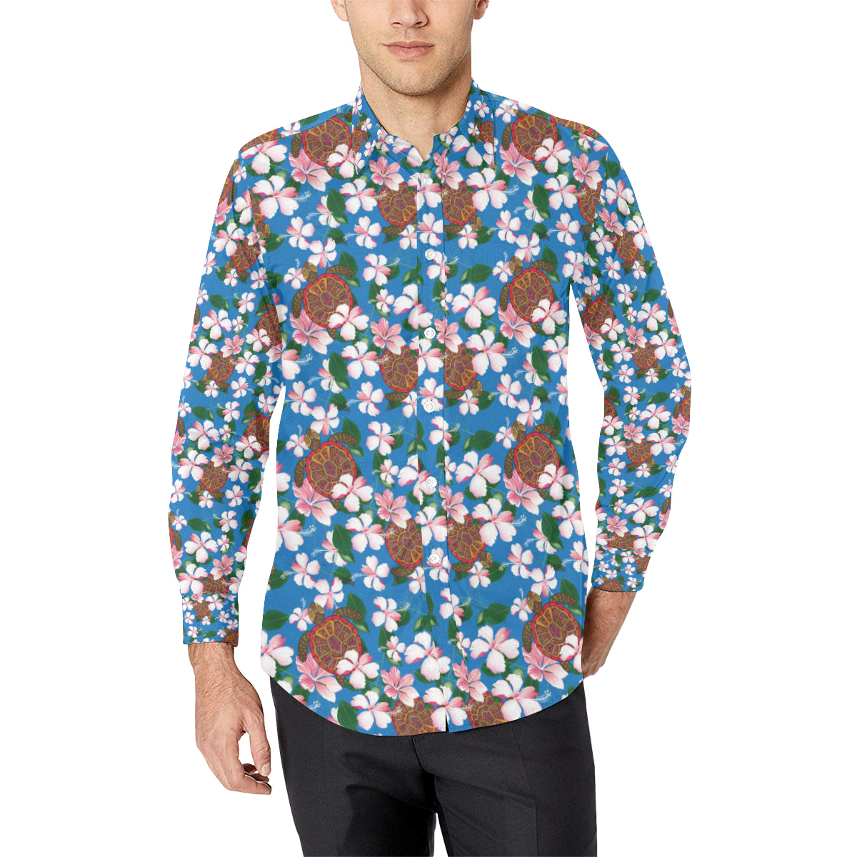 Sea Turtle Pink Hibiscus Hawaiian Print Men's Long Sleeve Shirt