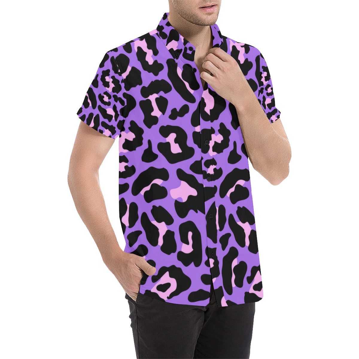 Cheetah Purple Neon Print Pattern Men's Short Sleeve Button Up Shirt