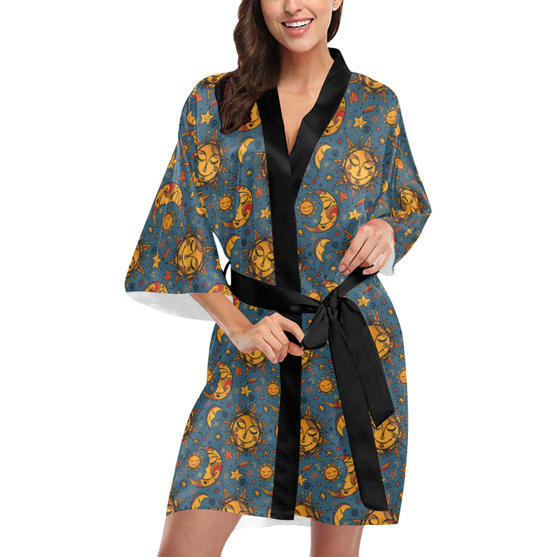 Celestial Moon Sun Pattern Print Design 02 Women's Short Kimono