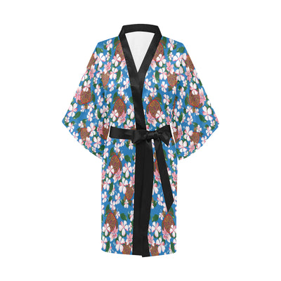 Sea Turtle Pink Hibiscus Hawaiian Print Women Kimono Robe