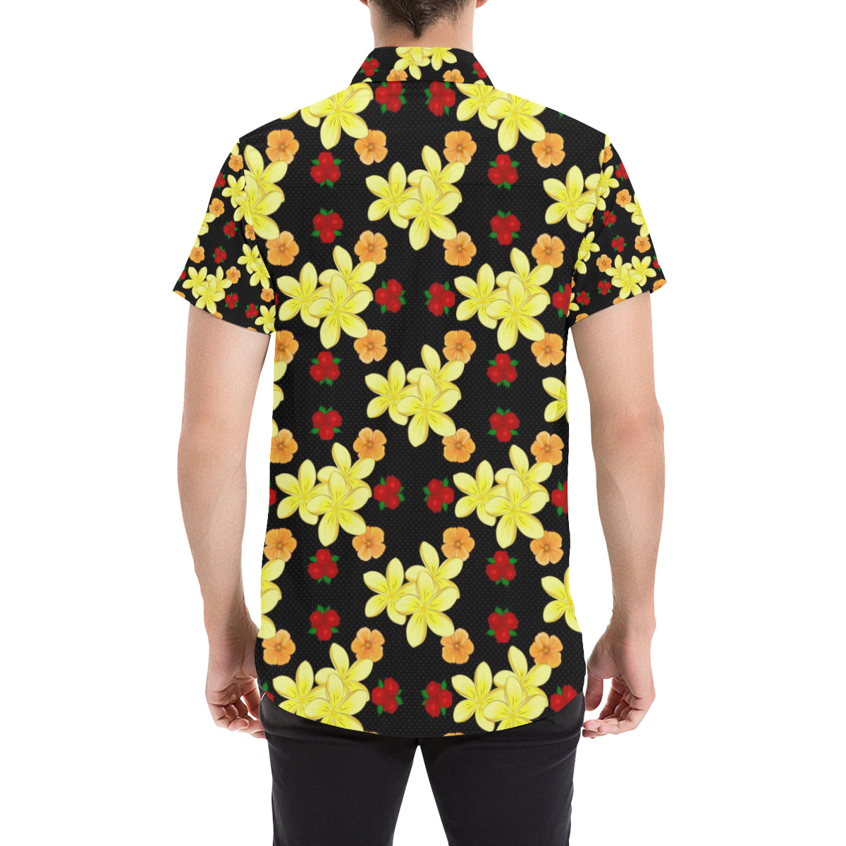 Yellow Plumeria Pattern Print Design PM04 Men's Short Sleeve Button Up Shirt
