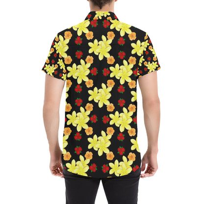 Yellow Plumeria Pattern Print Design PM04 Men's Short Sleeve Button Up Shirt