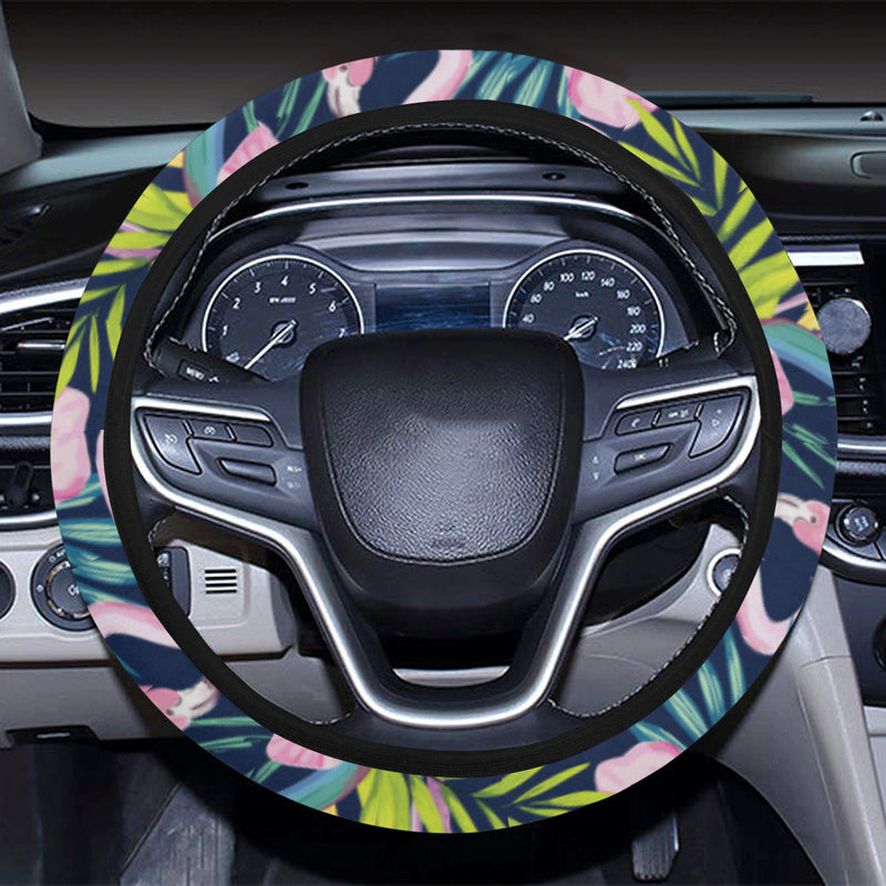 Flamingo Hibiscus Print Steering Wheel Cover with Elastic Edge