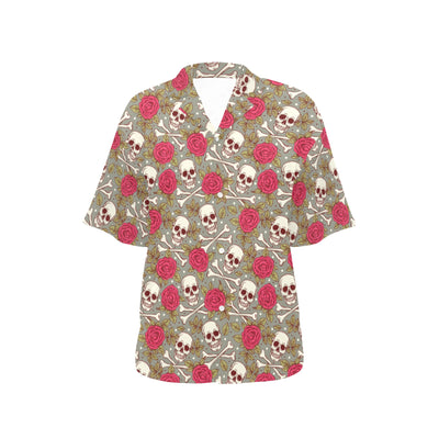 Skull Bone Rose Print Design LKS303 Women's Hawaiian Shirt