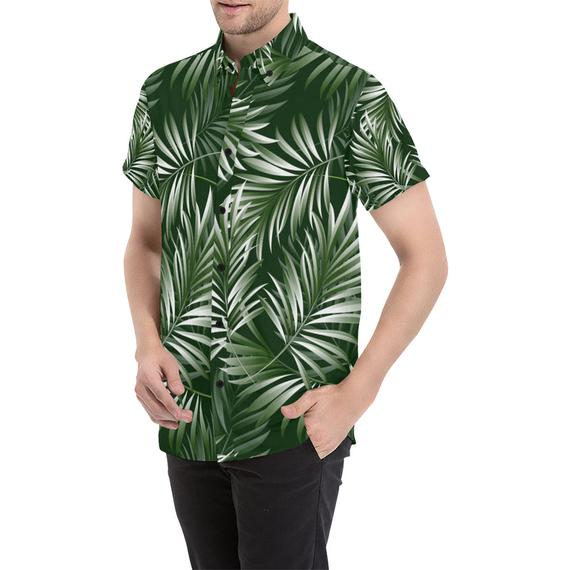 White Green Tropical Palm Leaves Men's Short Sleeve Button Up Shirt