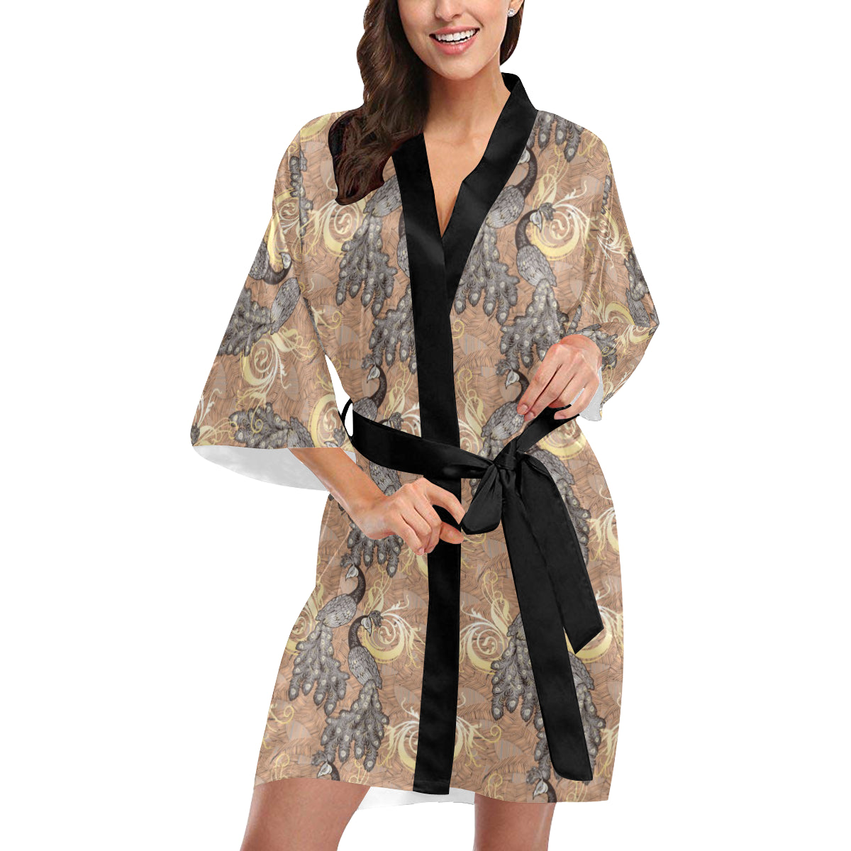 Peacock Pattern Print Design A05 Women's Short Kimono