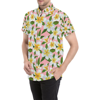 White Plumeria Pattern Print Design PM011 Men's Short Sleeve Button Up Shirt