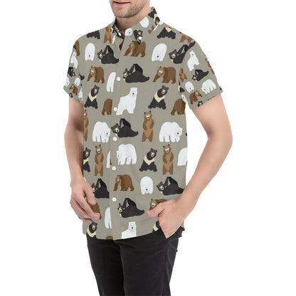 Bear Pattern Print Design BE03 Men's Short Sleeve Button Up Shirt