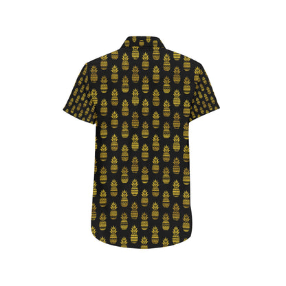 Pineapple Gold Tribal Style Print Men's Short Sleeve Button Up Shirt