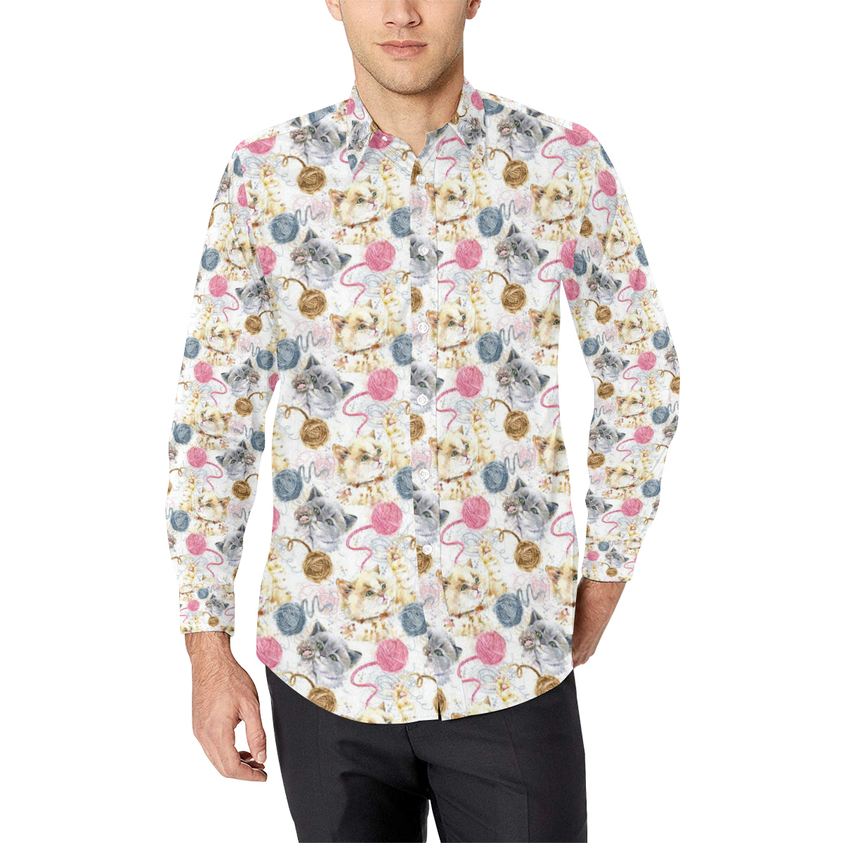 Cat Playing Yarn Pattern Print Design 07 Men's Long Sleeve Shirt