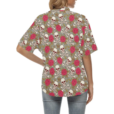 Skull Bone Rose Print Design LKS303 Women's Hawaiian Shirt