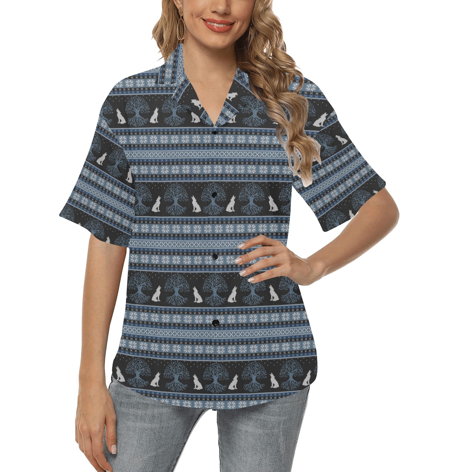Wolf Tree of Life Knit Design Print Women's Hawaiian Shirt