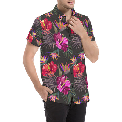 Hibiscus Pattern Print Design HB014 Men's Short Sleeve Button Up Shirt