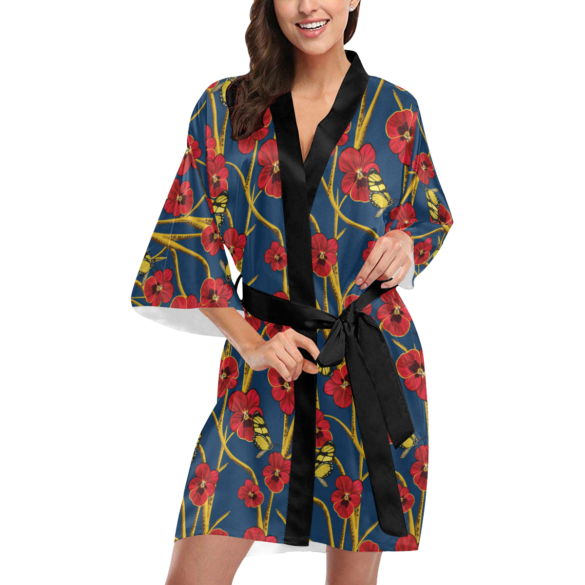 Pansy Pattern Print Design A01 Women's Short Kimono