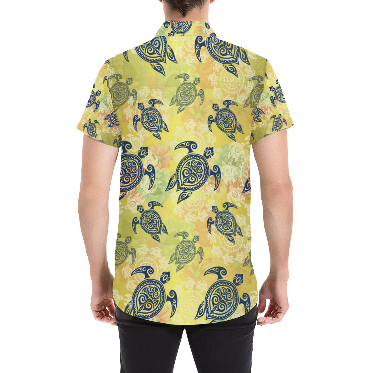 Hawaiian Turtle Tribal Design Print Men's Short Sleeve Button Up Shirt