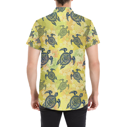 Hawaiian Turtle Tribal Design Print Men's Short Sleeve Button Up Shirt