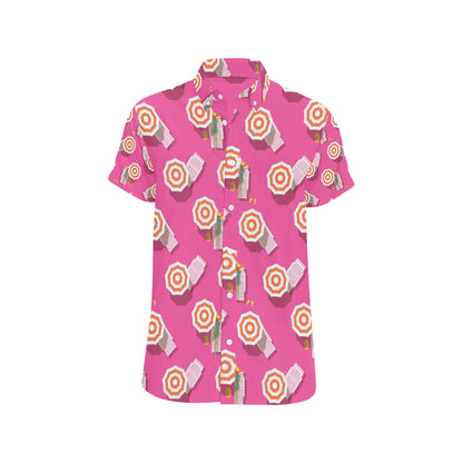 Beach Top View Umbrella Theme Men's Short Sleeve Button Up Shirt