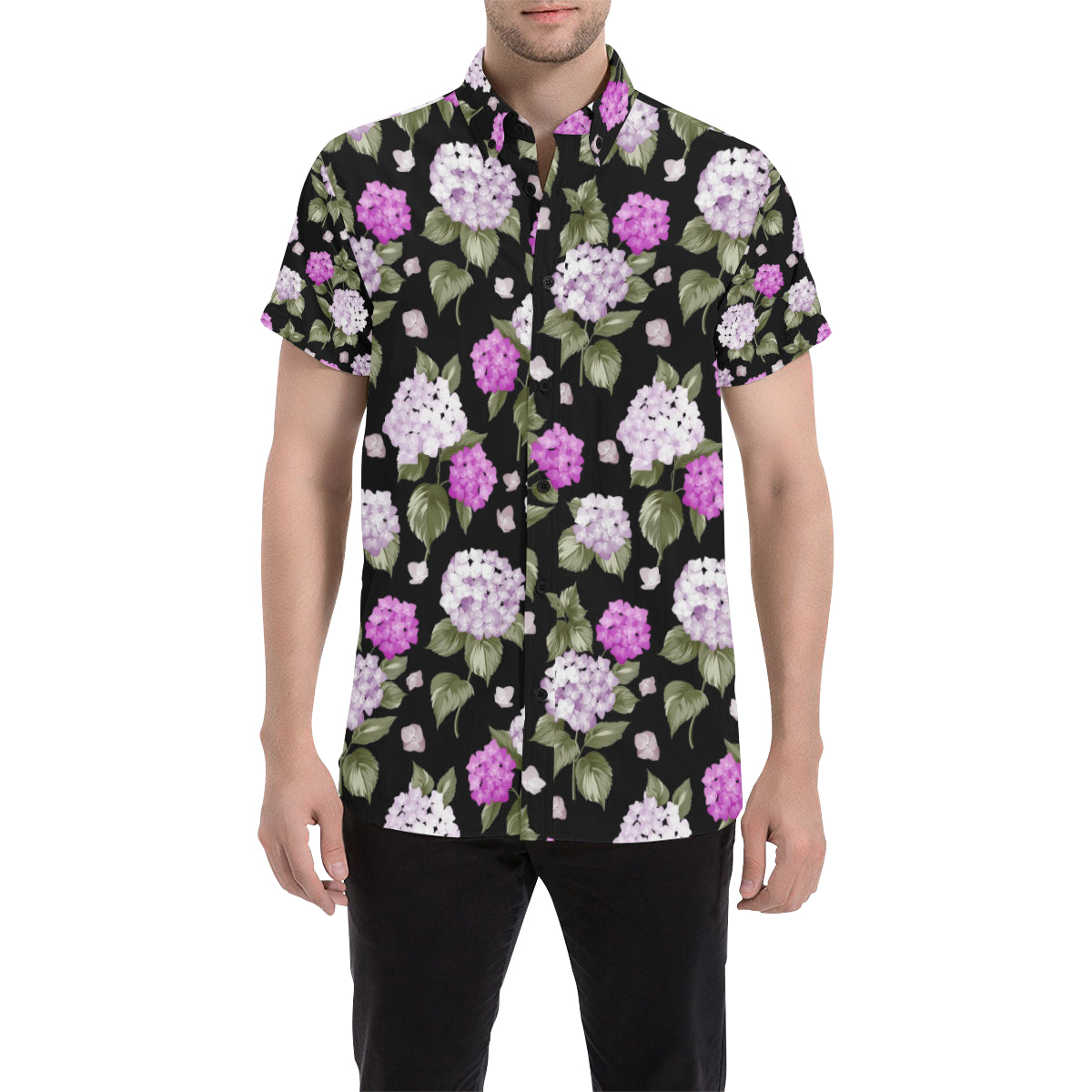 Hydrangea Pattern Print Design HD011 Men's Short Sleeve Button Up Shirt
