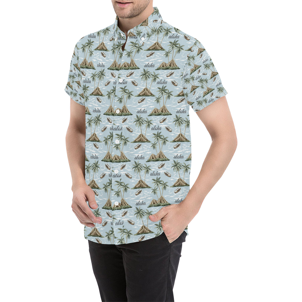 Aloha Hawaii island Design Themed Print Men's Short Sleeve Button Up Shirt