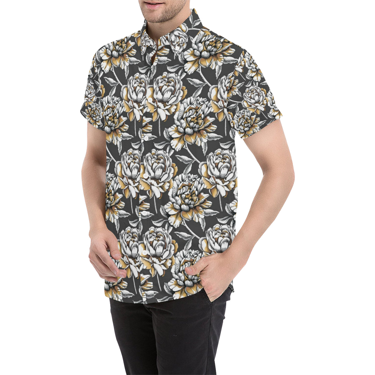 Peony Pattern Print Design PE06 Men's Short Sleeve Button Up Shirt