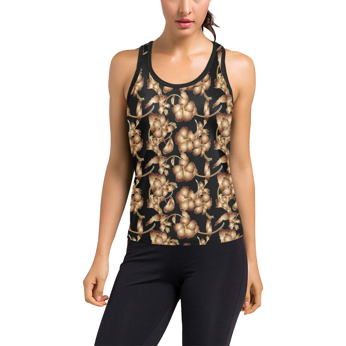 Brown Hibiscus Pattern Print Design HB06 Women's Racerback Tank Top