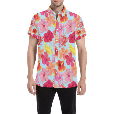 Hibiscus Pattern Print Design HB020 Men's Short Sleeve Button Up Shirt