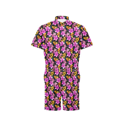 Tropical Folower Pink Hibiscus Print Men's Romper